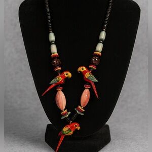 VTG Hand Carved Wooden Parrot Necklace Colorful Beaded Tropical Boho 17" Gift